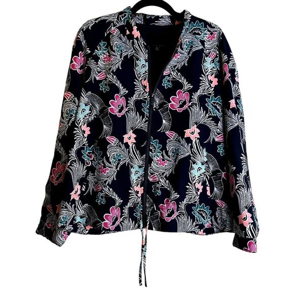 Banana Republic Black Bird Print Zip Front Drapey Bomber Jacket Size XL Flowy Dr - Picture 1 of 7